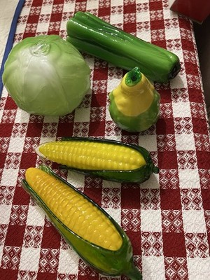 5 Art Glass Fruit Vegetables Vintage 2 Corn Squash, Cabbage, Celery