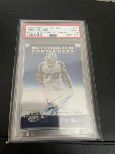 2019 Contenders Optic Tony Pollard Rookie of the Year Blue Auto /75 RC PSA 9