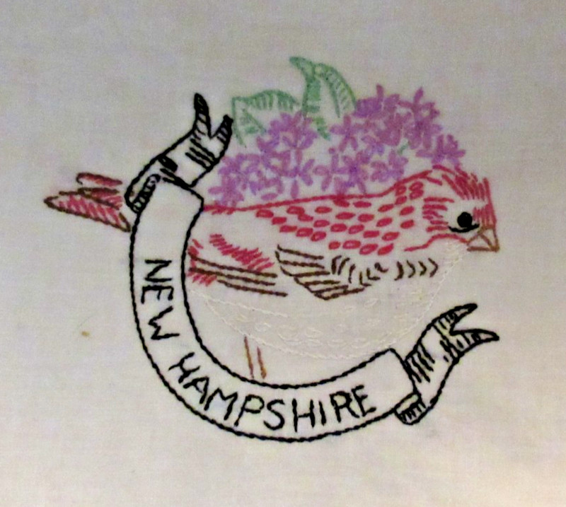 VTG. NEW HAMPSHIRE STATE QUILT/DIY BLOCK (8.5"X7") Flower & Bird-Hand Emb.-C&C