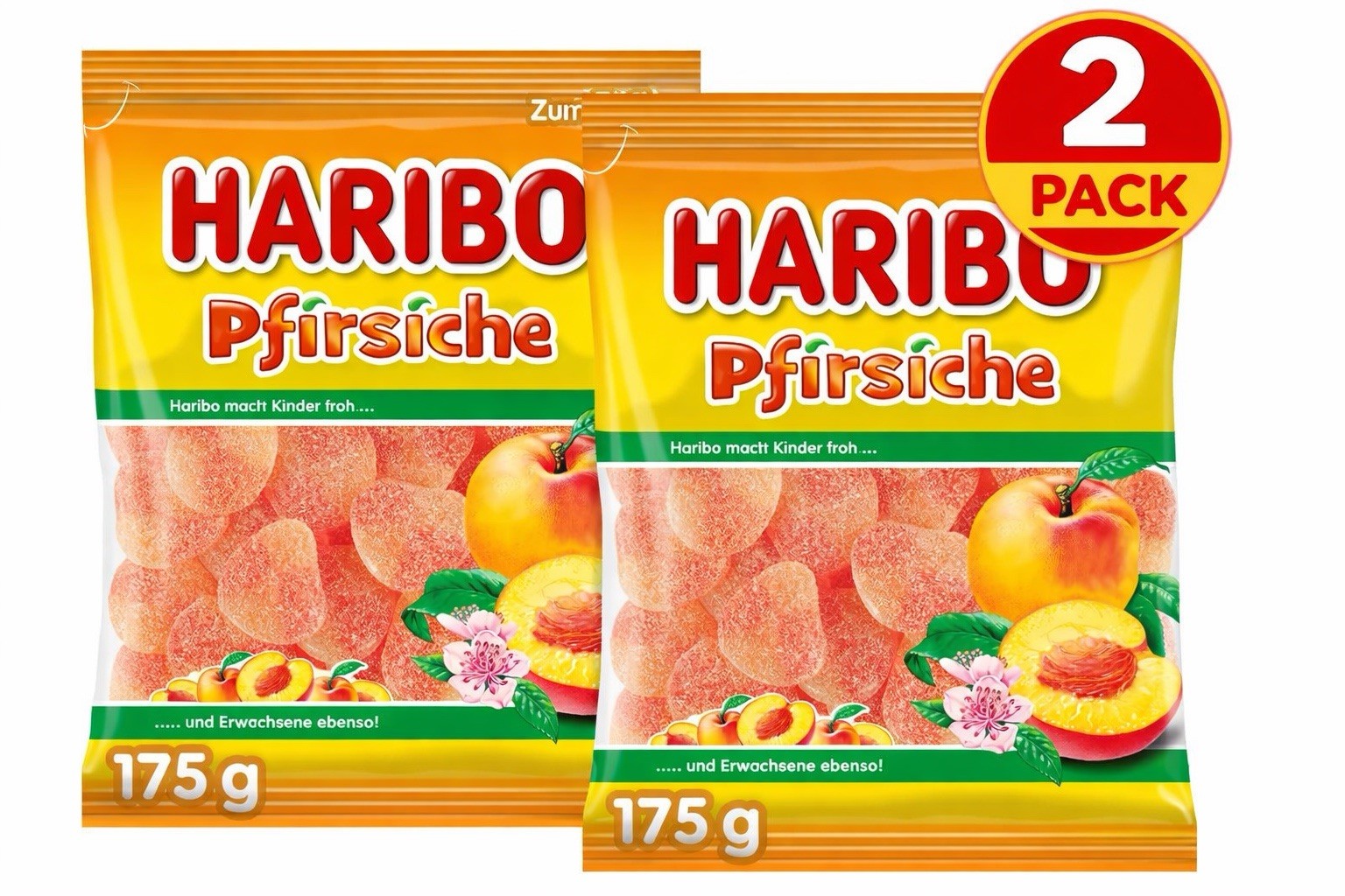 2 caramelos gomosos Haribo melocotones melocotón 175 g cada uno (paquete de 2) importación alemana
