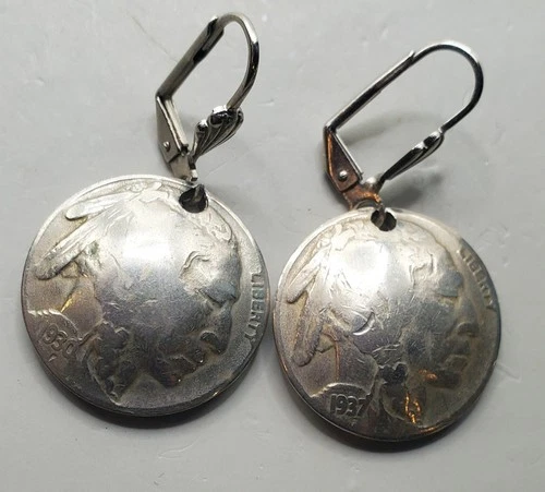 1930 & '37 Genuine U.S Indian Head Buffalo Nickel Coin Domed Pierced Earrings