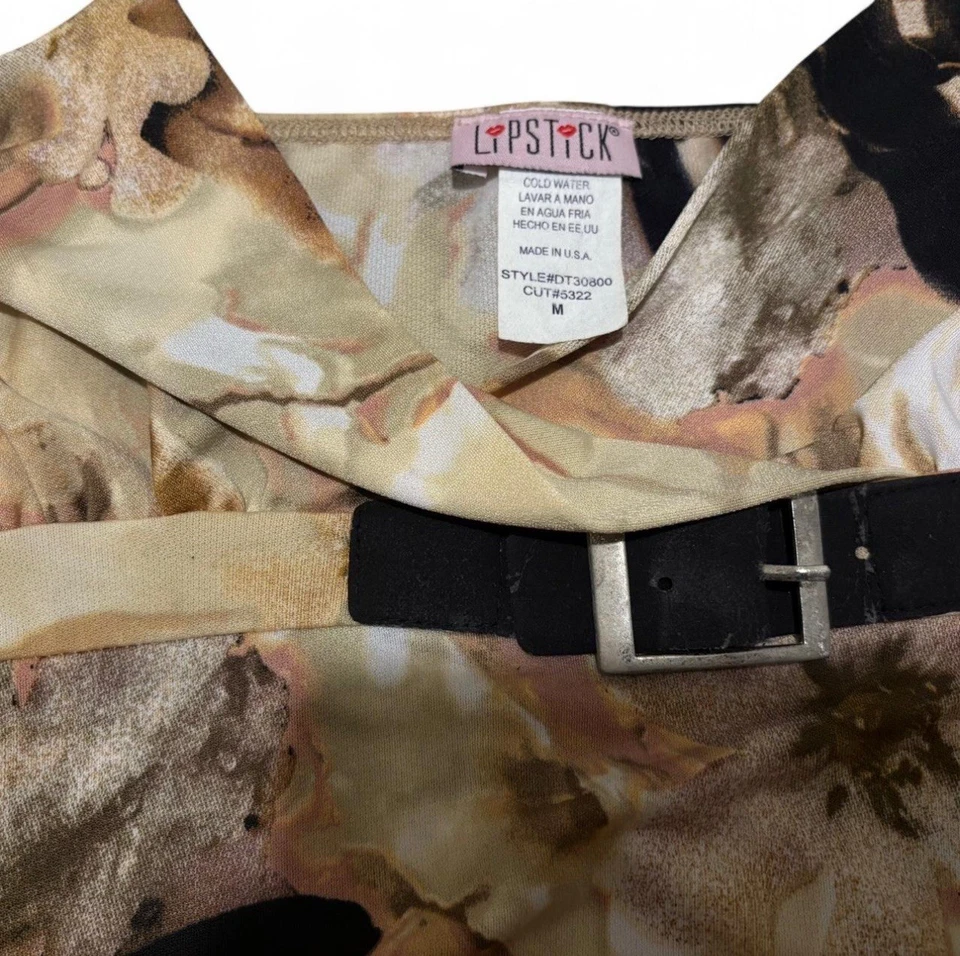 Lápiz Labial Y2K EE. UU. Floral Abstracto Satinado Top Mujer’s M Dobladillo con Cinturón Años 2000 De Colección Foto 3 de 4