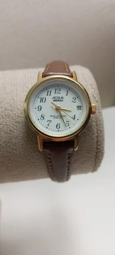 Vtg Timex Acqua Watch Women Indiglo 23mm Gold Tone Date Leather Band New Battery