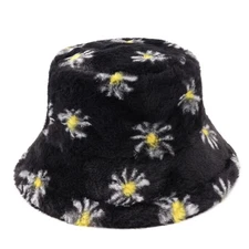 Winter Faux Fur Fuzzy Bucket Hat Fluffy Warm Hat for Women Men Daisy Black