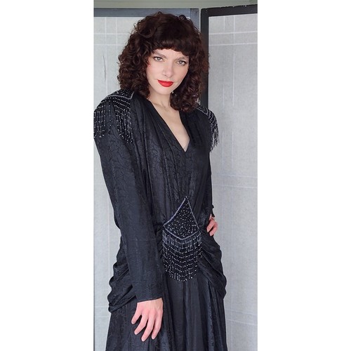 Vintage 80s Evening Dress Black Beaded Silk Fringed D'Ore Art Deco Style - Picture 3 of 12