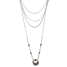 Multi-Layered Silver-Tone Necklace with Blue Beads and Crescent Pendant 36" Long