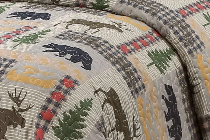 Brown Rustic Quilted Bedding Set – Buffalo Check Plaid Bear, Moose & Pine Tre... - Image 2 of 4