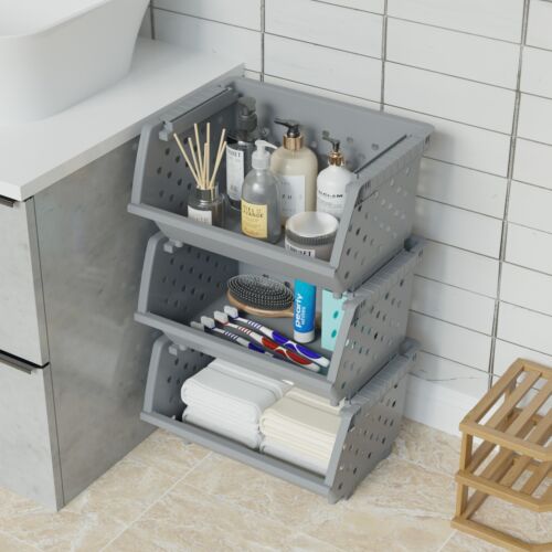 3-Pack Plastic Stacking Organizer Basket, Kitchen Stackable Storage Baskets - Picture 4 of 7
