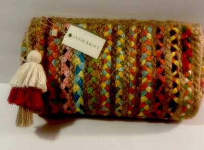 NWT  Unique India Jute Hand Braided Clutch Bag Multi-Color Woven Pretty Handbag