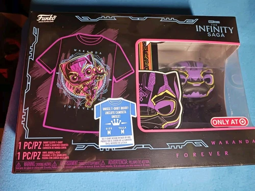 Funko Pop SET ☆MARVEL Infinity Saga: BLACKLIGHT BLACK PANTHER #891 & T-Shirt (M)