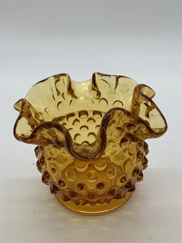 Fenton Art Glass Amber Hobnail Ruffled Mini Vase - Vintage