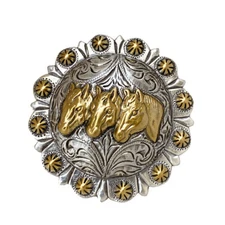 WESTERN HORSE SADDLE TACK CAP THREE HORSE HEAD BERRY SADDLE CONCHO SIZE 2-3/8"