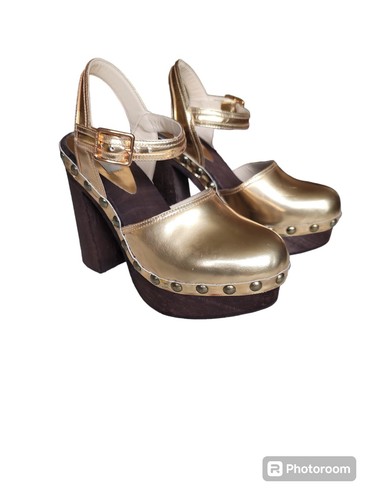 L’autre Chose Gold Leather 5in Platform Clogs Size 38 /7.5 US Made in Italy