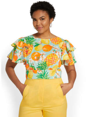 Lemon Fruit Tropical Print Top Blouse Open Back Poplin Sz M Ruffle Tie Straps