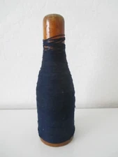 Antique Wooden Textile Spool Spindle Bobbin 9.5" W/ Blue Yarn Candle Holder AZ17