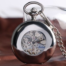 Silver Smooth Case Hollow Automatic Mechanical Pocket Watch with Chain Mens Gift