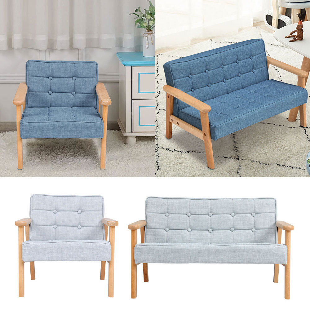 Upholstered Tub Armchair Linen Fabric Mini Sofa Wooden Framed Kids