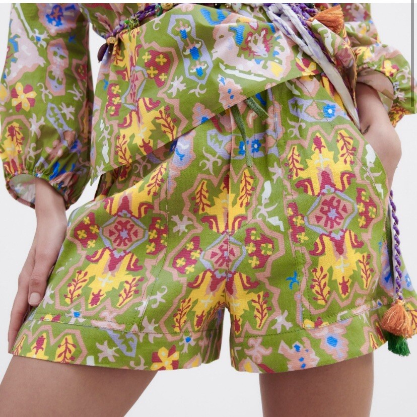 NWT ZARA Green Multicolor Aztec Printed Drawstring Linen Blend Beach Shorts XS