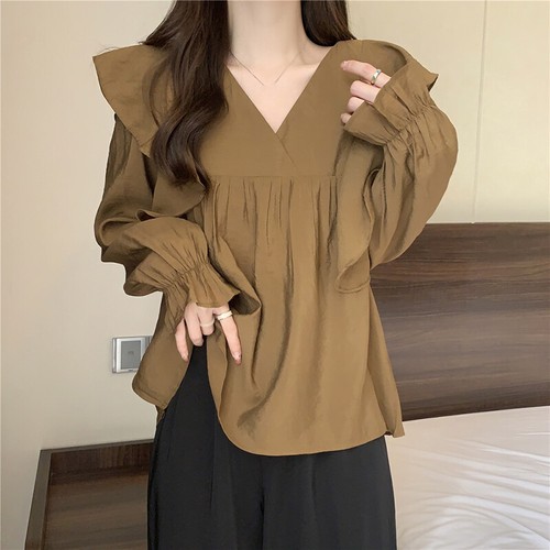 Blusa Top Camisa Damas Chifón Abullonada Manga Larga Volantes Cuello en V Sólida Suelta Retro - Imagen 14 de 15