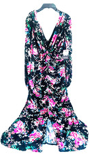 Guess Dress 4 Ladies Blk floral Rouch V-Neck Accordion sleeve ruffle cruise $128