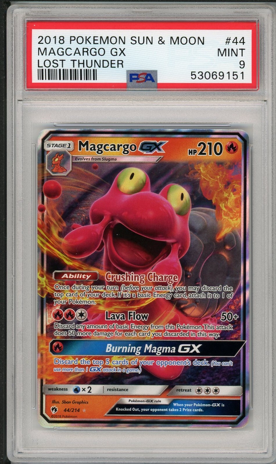 2018 Pokemon Sun & Moon Lost Thunder Magcargo GX #44 PSA 9