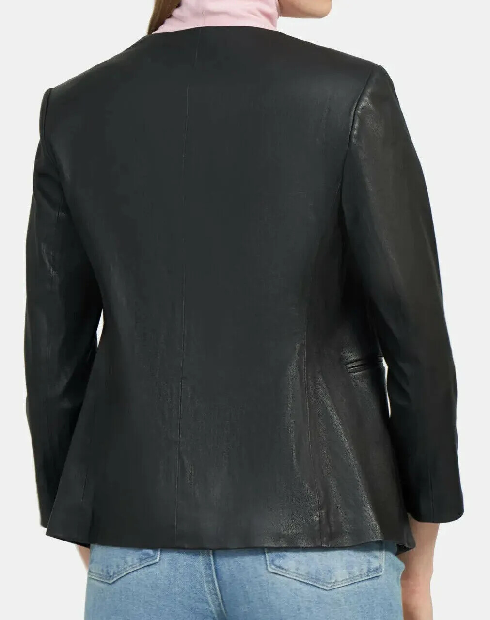 $995 NWT THEORY Sz10 LINDRAYIA BRISTOL STRETCH LAMB LEATHER OPEN JACKET BLACK image 4