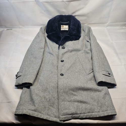 Vintage Lakeland Men's 38 Wool Coat Jacket Fur Lined Grey/Black EUC