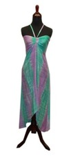 Ladies Resort Tie Dye Purple Green Uneven Halter Smocked Beach Dress-one size