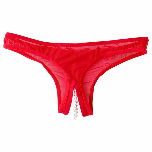 Damen Mesh Transparent String Slips Schritt offen Stringtanga mit Perlen Dessous - Picture 16 of 50
