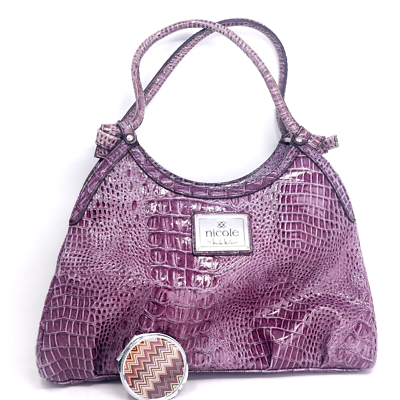 パープル クロコダイル　バッグ Nicole Miller Purple Croc/Alligator Embossed Faux Leather Shoulder