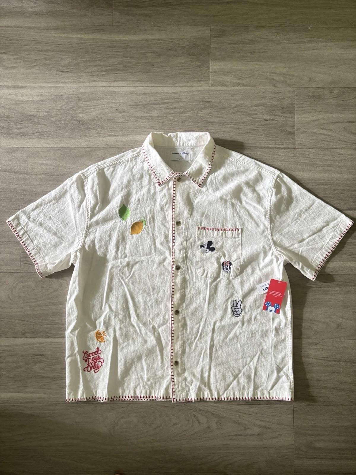 Disney x Old Navy Men L Camp ShirtWhite Embroidered Linen Blend Mickey Mouse NWT