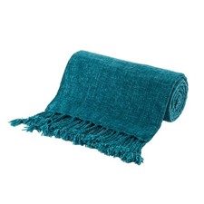 Teal Blue Turquoise Green Chenille Throw Blanket Fringe Tassels 50"x60"