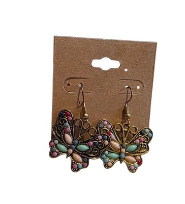 Pierced Dangel Earrings Multi-Colored Butterfly in Gold Tone Setting