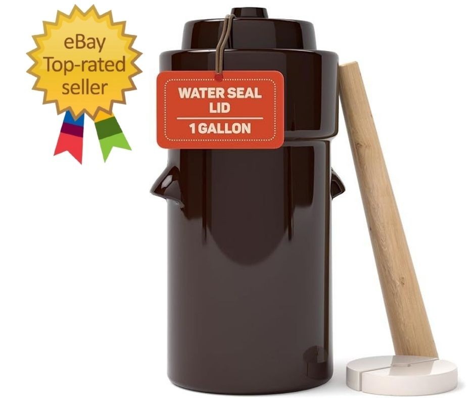Fermentation Crock 1 Gallon - Sauerkraut Crock with Lid, Weights & Pounder - Cer