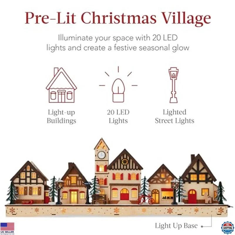 Pre-Lit Wooden Christmas Village Decor, LED Lights, Timer, Holiday Mantel - Image 3 of 4