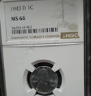 1943-D Lincoln Wheat Small Cent Steel NGC MS66 Cert 8439414-062