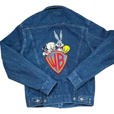 Vintage Warner Bros WB Looney Tunes Logo Denim Jeans Jacket 80s Adult Small USA