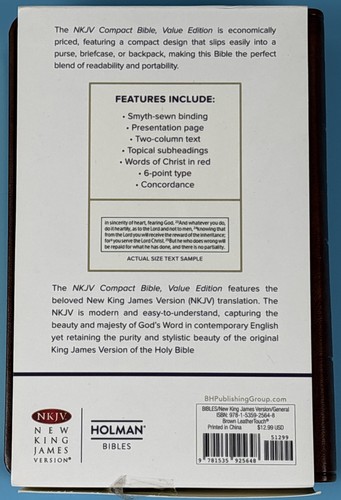 NKJV Compact Bible, Value Edition Brown Leathertouch by Holman Bible Publishers! - Picture 2 of 7