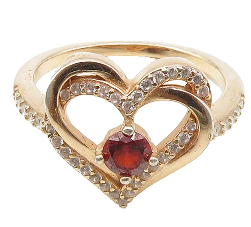 925 Silver  Garnet & Topaz Rose Gold Plated Love Heart Band Ring Sz 7  RG16349