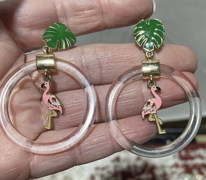 Pierced Earrings, Dangle, Flamingo,  Circle, With Leaf Stud. Gold Tone Hardware