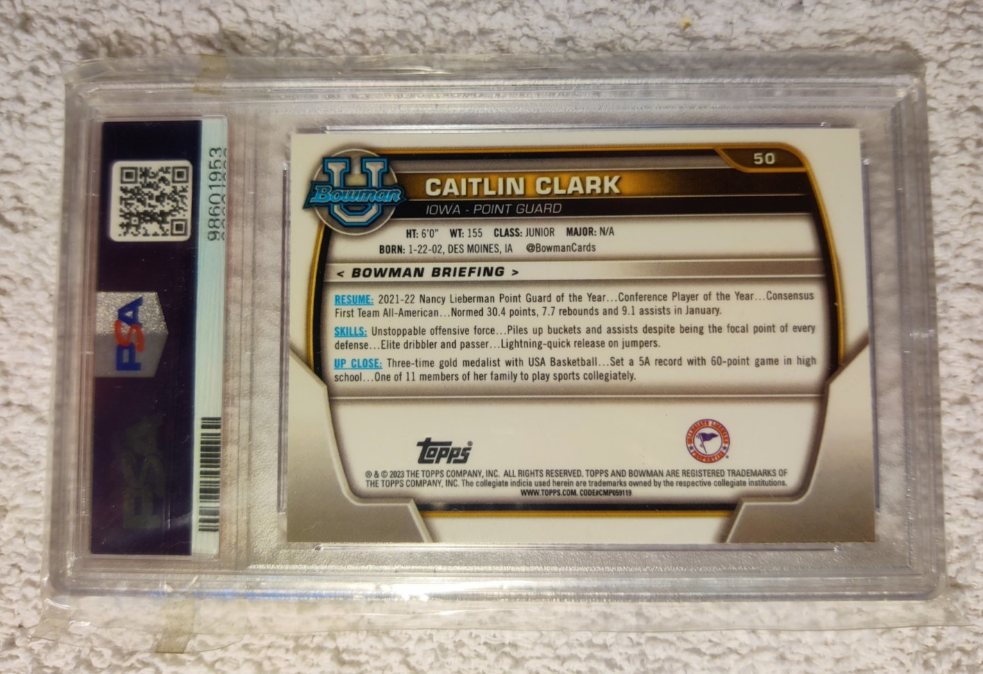 2022 Bowman University #50 Caitlin.Clark / Pink Refractor PSA MNT 9 view 2
