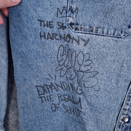 Zara Denim Shirt Mens XL Blue Relaxed Fit Long Sleeve Graffiti Streetwear Jean - Picture 9 of 11