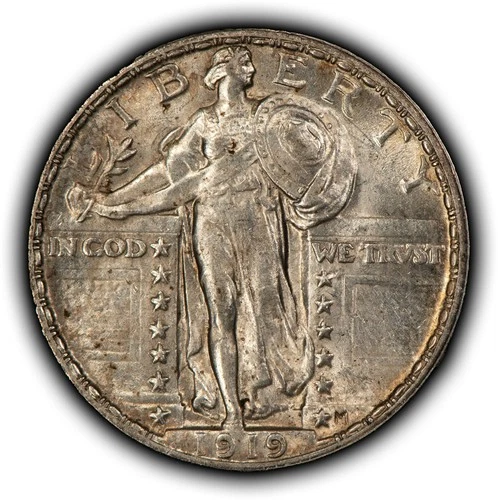 1919 25c Standing Liberty Silver Quarter - PQ Luster - Original Toning - Y6392