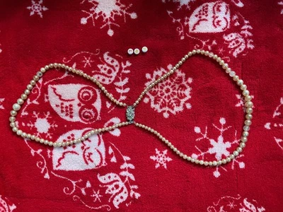 Pearl Double Strand Necklace with crystal covered clasp , Genuine antique  - Image 1 of 4