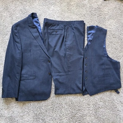 RALPH LAUREN LRL Wool FLANNEL Three Piece Suit Men 50 R 44x31 Blue Chalk Striped - Image 1 of 4