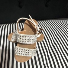 White Silver Rhinestone Strappy Flat Sandals Buckle girls size 5