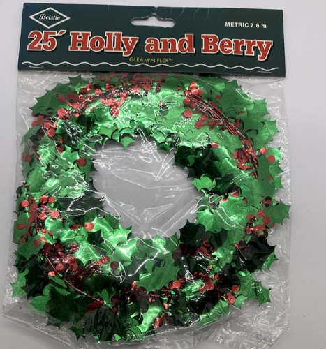 Vintage 2 Stück 25' Draht Girlande Stechpalme & Beere Pfeife Glanz & Flex Weihnachten Lametta - Bild 7 von 7