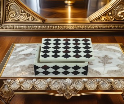 Black & White Checker Inlay Stone Jewelry Box with Lid   Handmade Decorative Tri