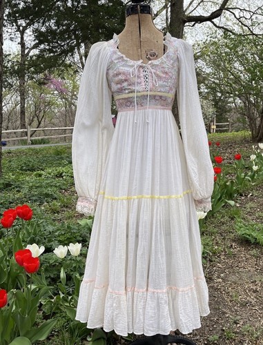 VTG Gunne Sax By Jessica Prairie Dress 70s Ivory Gauze & Floral Cottagecore Sz 5