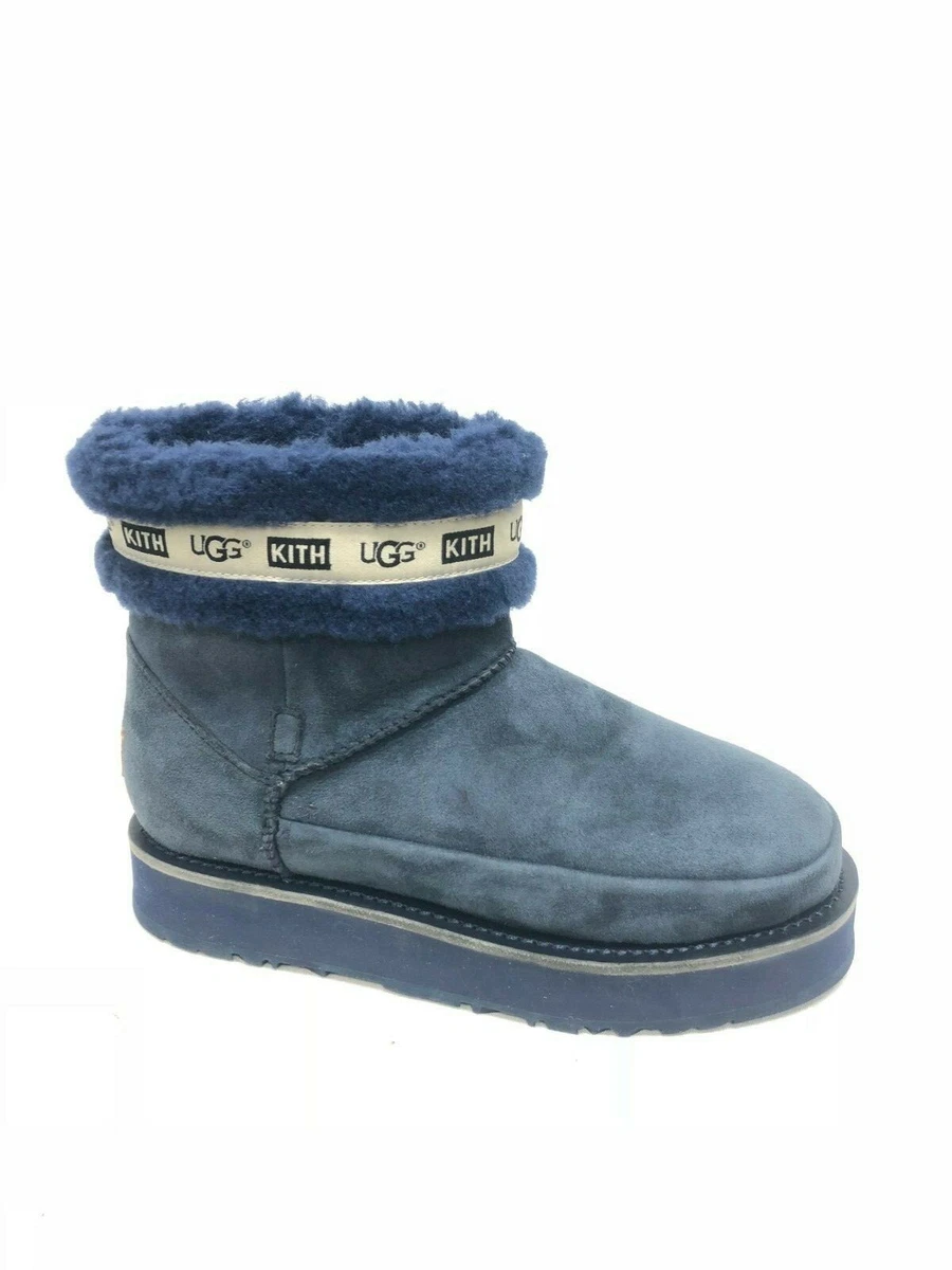 Kith X UGG Women s Collab Classic Sherpa Mid Navy Blue Boots Sheepskin 1104034